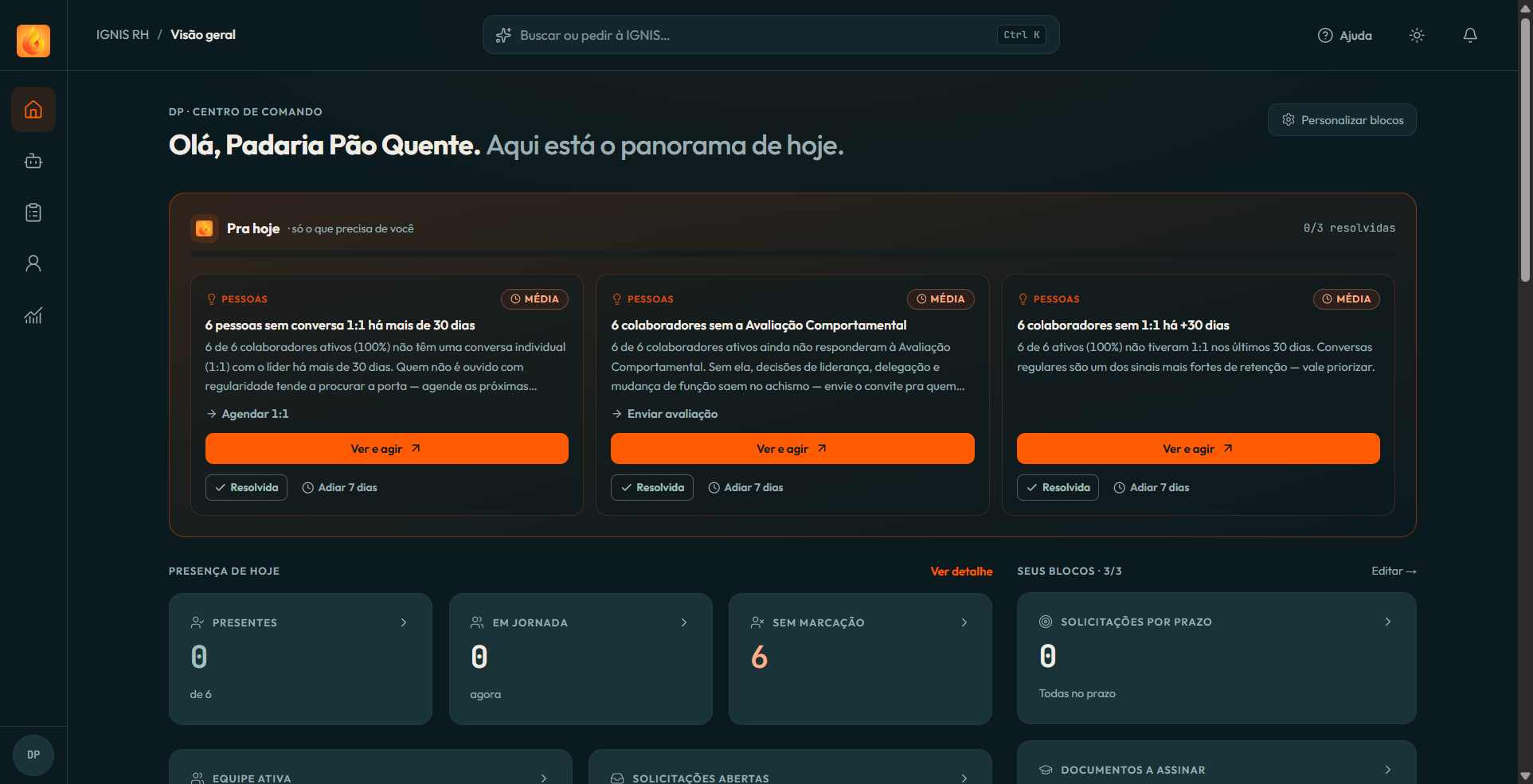 Tela Visão geral da IGNIS RH no modo escuro